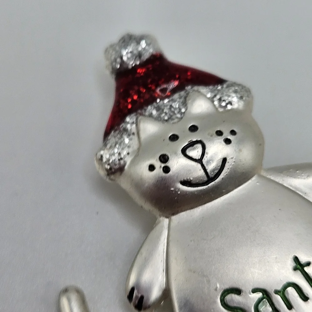 VINTAGE Christmas Cat Santa Claws Silver Tone Dangle Present Glitter Brooch Pin